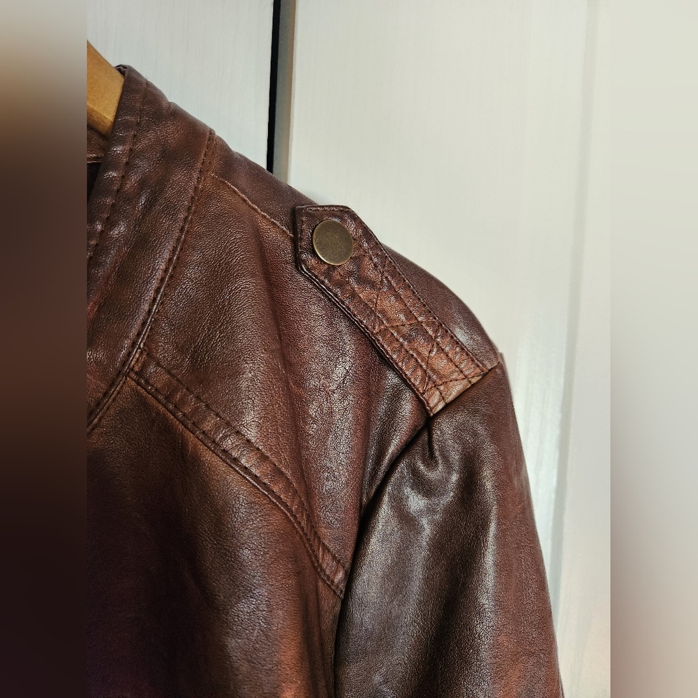 NWT Maurices Brown Distressed Faux Leather Moto Military Jacket Size 1 - Picture 7 of 10